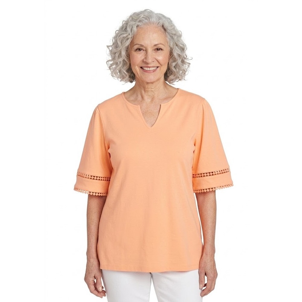 Ruby Rd Spring Breeze Cantaloupe Orange Crochet Trim Cotton Top S NWT
